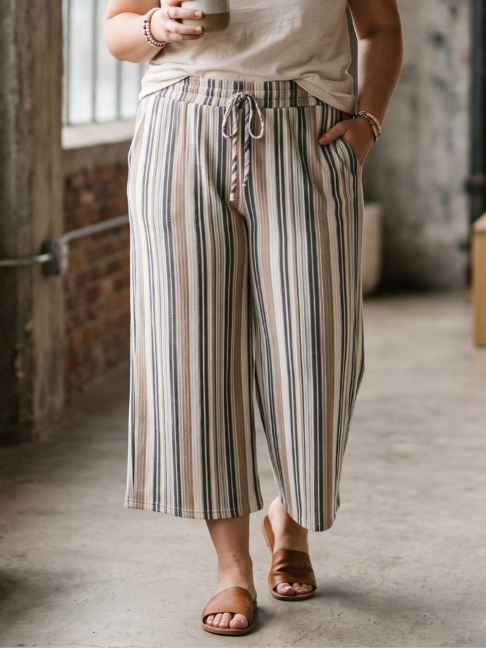 CURE Striped Wide Leg Cropped Pants High Rise Boho Coastal Plus Size 1X